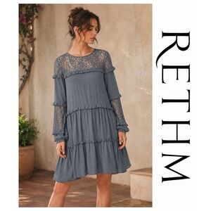 Rethm Slate Blue Gray Lace Ruffle Long Sleeve tiered Boho Shift Dress S